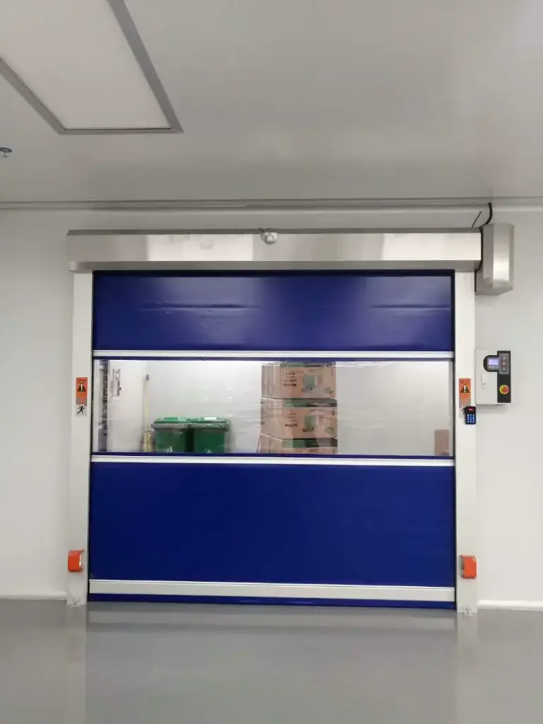 High-speed industrial door with PVC curtain – indoor, food-grade, with stainless steel housing (washable design)